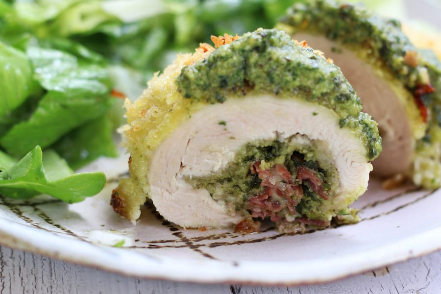 Pesto Chicken Recipe roll up cut n half.