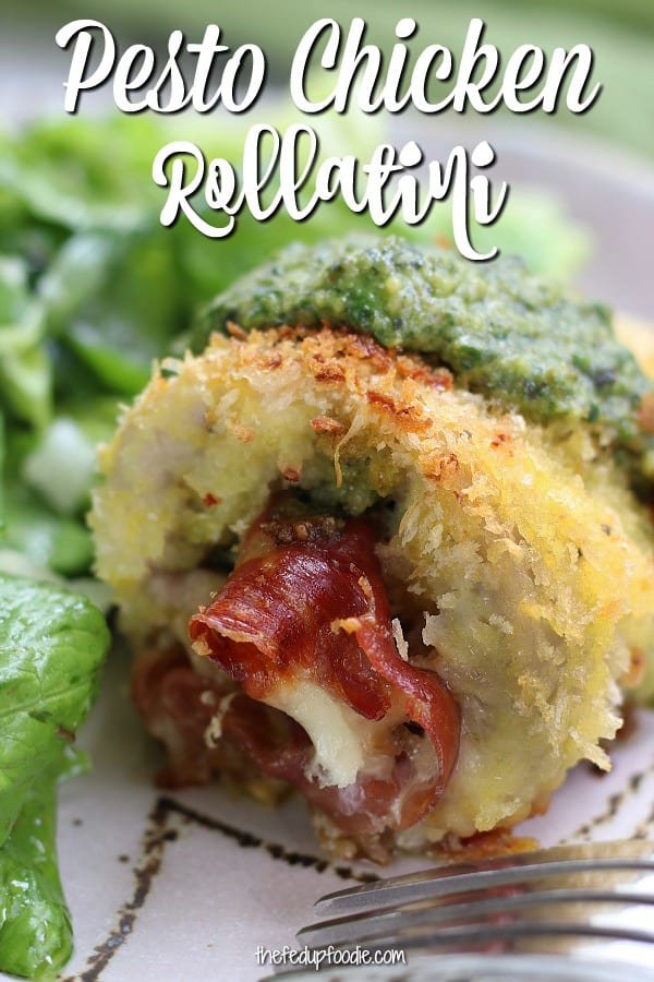Pesto Chicken Rollatini recipe has crispy Panko baked chicken breasts that are stuffed with pesto, prosciutto and mozzarella. Once baked, add additional fresh pesto for an absolute family favorite meal. My family devours this recipe. 
#ChickenRollatini #ChickenRollUps #PestoChicken #BakedPestoChicken
#WithProsciutto #WithMozzarella https://www.thefedupfoodie.com