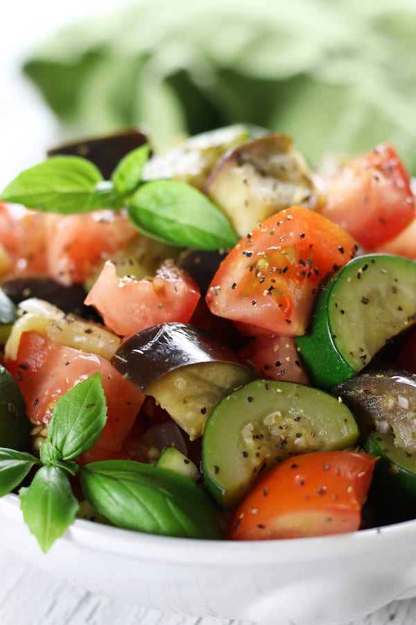 Ratatouille Recipe with eggplant, zucchini, tomatoes, onions, garlic and oregano.