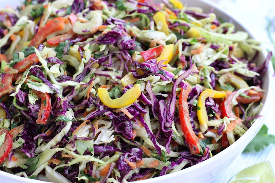 Shredded Cabbage Salad in a large white bowl.