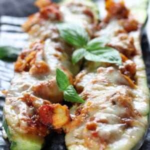 Chicken Stuffed Zucchini with Pomodoro sauce and mozzarella cheese.