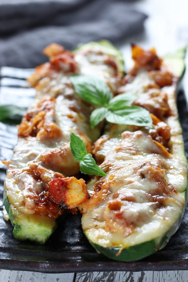 Chicken Stuffed Zucchini with Pomodoro sauce and mozzarella cheese.