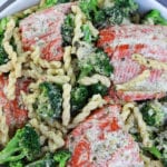 Overhead photo of Salmon Pasta in a white bowl.