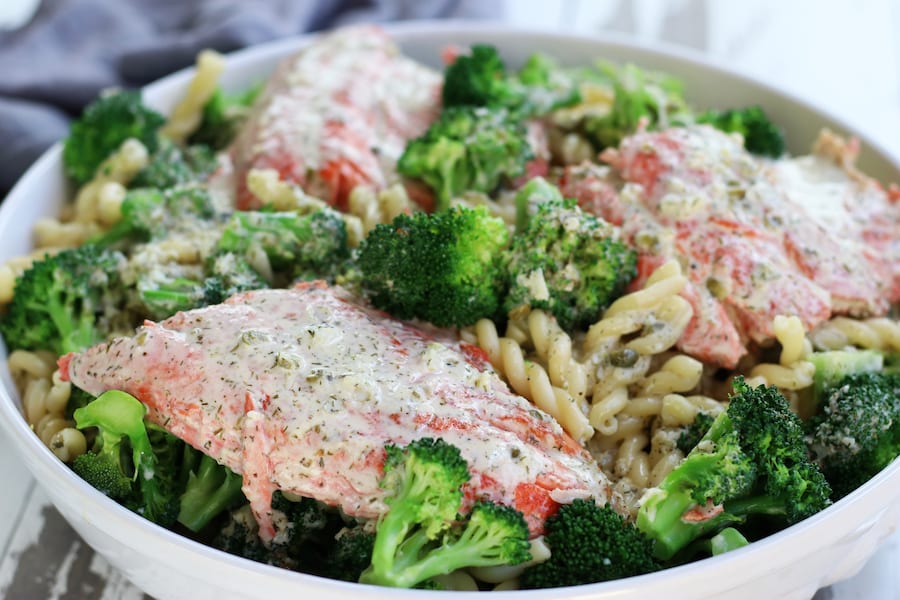 Salmon Pasta with Capers, broccoli and dill.