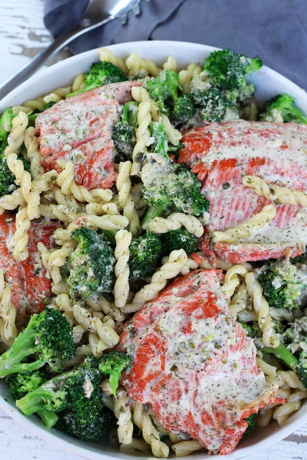 Overhead photo of Salmon Pasta in a white bowl.