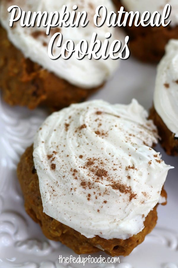 Soft, flavorful and not overly sweet, these Pumpkin Oatmeal Cookies are an old fashioned and from scratch recipe straight from my mom's recipe box. With cream cheese icing these cookies have been absolute family favorite since the 1970's. 
#PumpkinCookies #HealthyPumpkinCookies #WithCreamCheeseIcing #OldFashionedPumpkinCookies #HomemadePumpkinCookies #FromScratchPumpkinCookies https://www.thefedupfoodie.com/