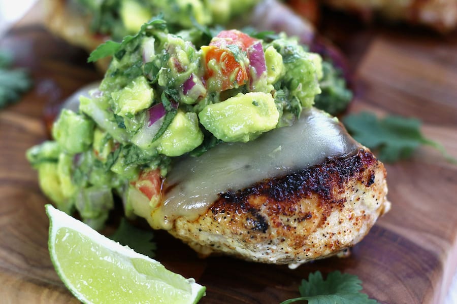 Seared Chicken with Mexican Spice Mix and topped with chunky homemade guacamole.