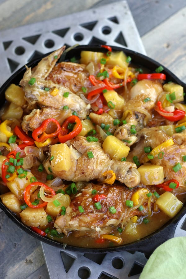 Overhead photo of Sweet and Sour Chicken with whole chicken pieces.