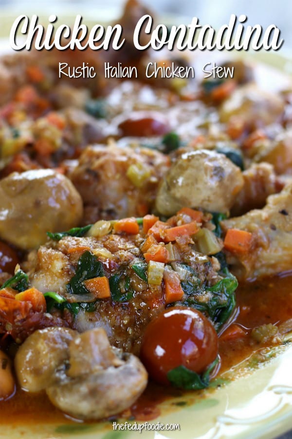 Cozy and comforting, Chicken Contadina is a farm style Italian chicken stew made with fresh veggies, Italian herbs, garlic and white wine. This recipe creates the most tender and flavorful chicken in an amazing sauce! Serve on its own or over rice, potatoes or noodles.
#ChickenContadina #ChickenStew #TuscanChickenStew #Stovetop #RusticChickenStew