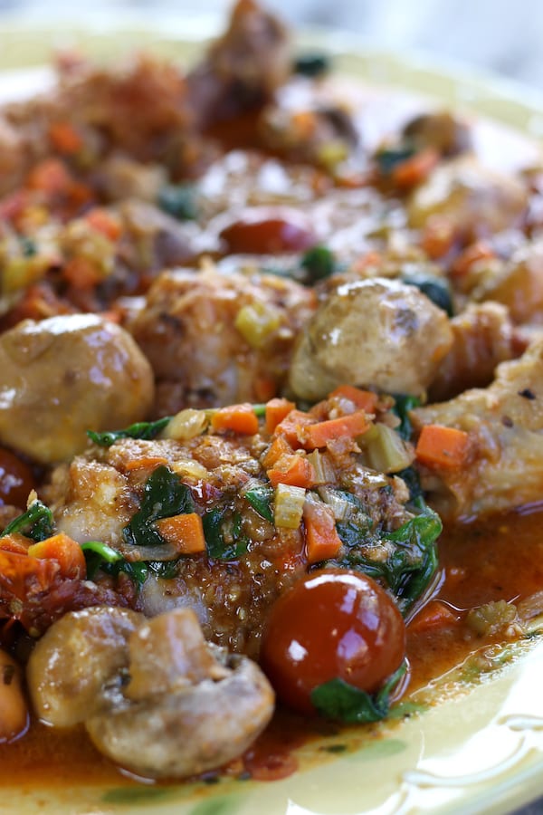 A big bowl of Contadina Chicken Stew with cherry tomatoes, mushrooms and diced carrots.