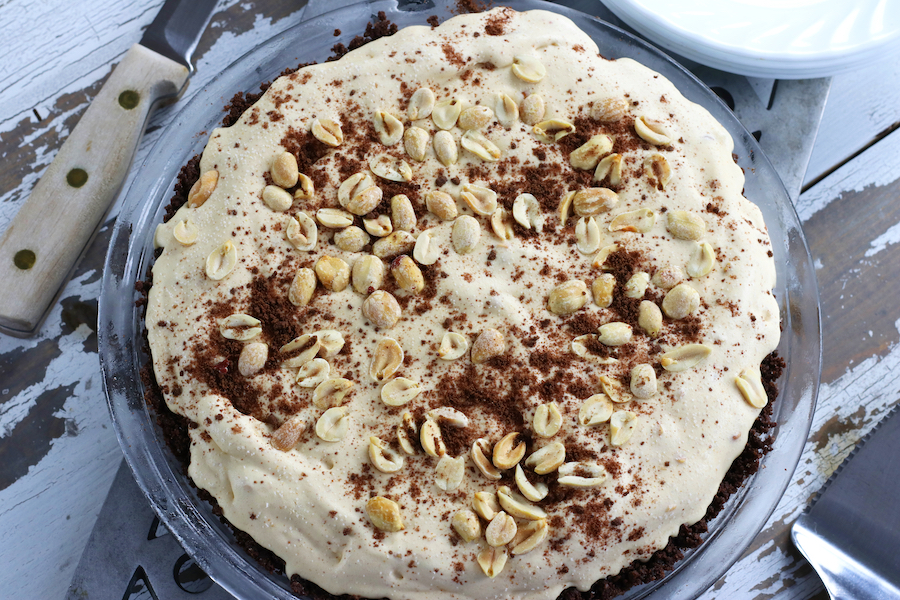 Overhead photo of a Peanut Butter Pie Recipe before cutting.