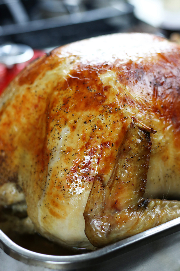 Up close photo of a golden turkey after brined in a Turkey Brine.