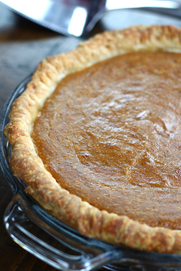 Whole Old Fashioned Pumpkin Pie with a flaky homemade crust.