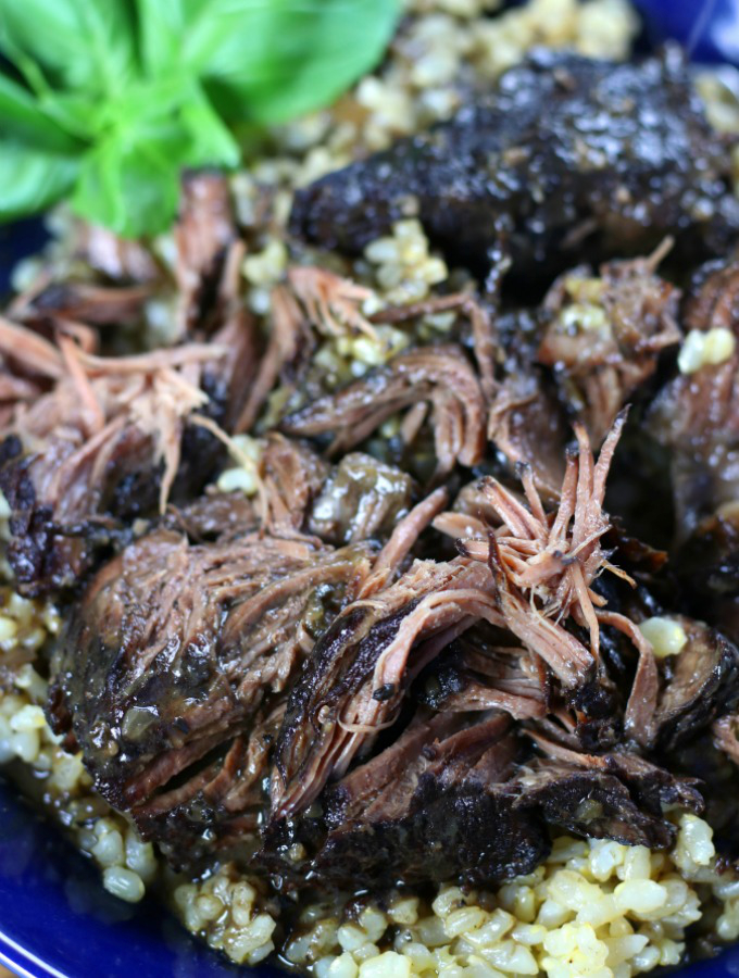 Shredded beef over brown rice from Peposo recipe.