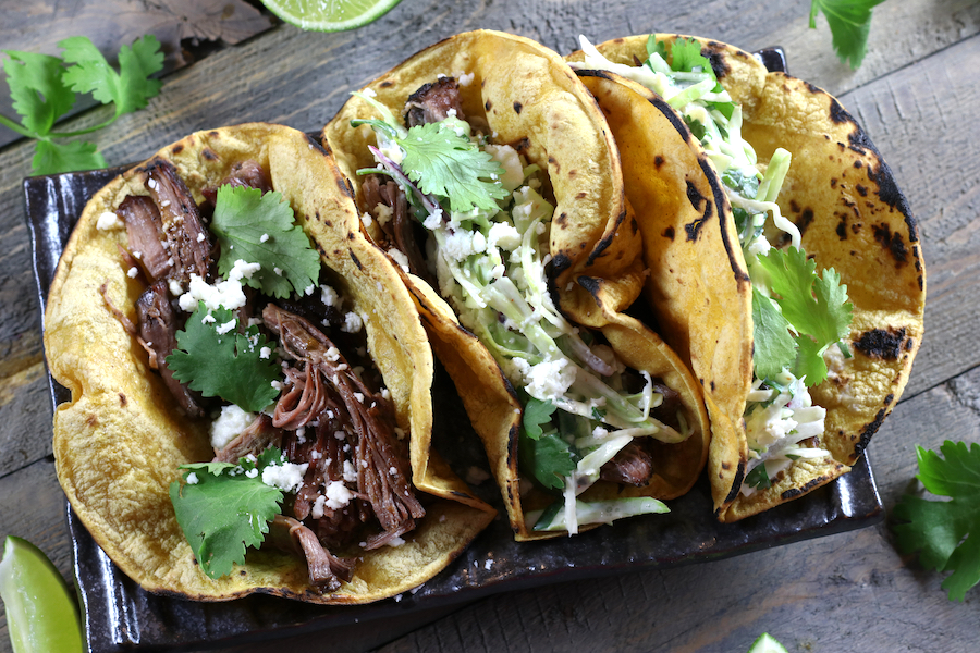 Overhead photo of Pulled Beef Tacos with Slaw.