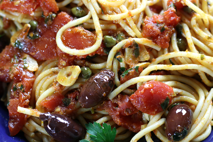 Up close photo of Spaghetti alla Puttanesca Recipe.