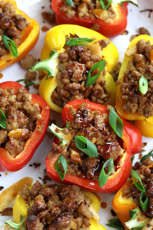 Stuffed Peppers drizzled with a sticky Asian sauce.