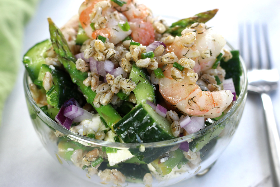 A serving of Ancient Grain Salad made with Farro and shrimp.