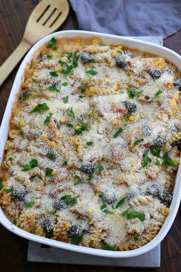 Overhead photo of Canned Salmon Pasta in a white roasting pan.