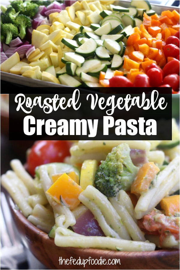 Creamy Pesto Vegetable Pasta recipe is a quick Mediterranean dinner and delicious way to eat veggies that are in season. Made with roasted veggies, pesto and goat cheese, it is a perfect solution for healthy lunch meal prep. My family devoured the first batch and I immediately made more. #PestoPasta #Pasta https://www.thefedupfoodie.com