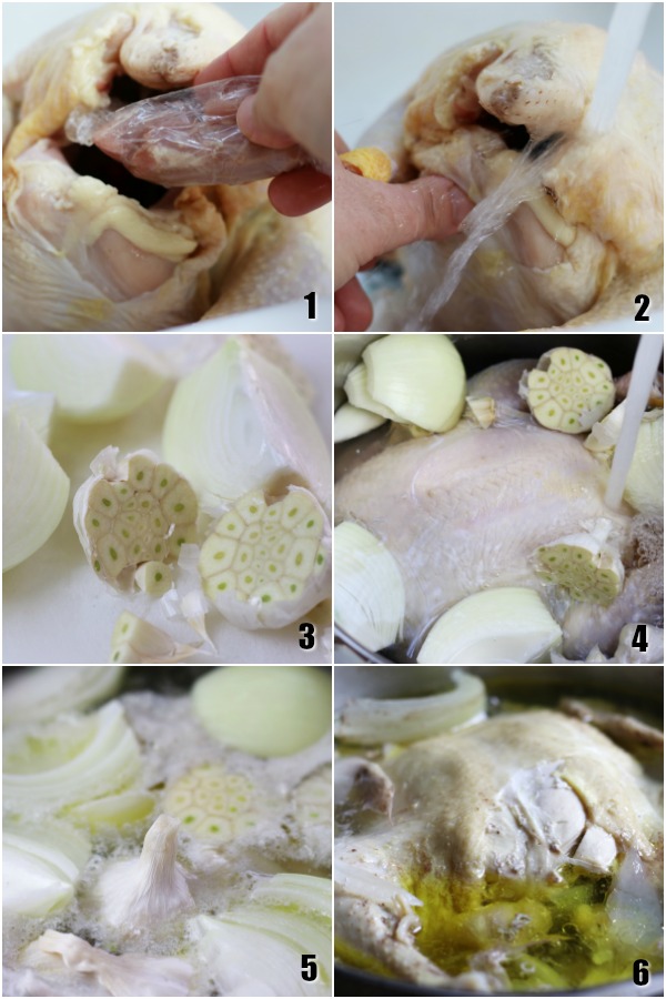 Photo collage of How To Boil a Whole Chicken.