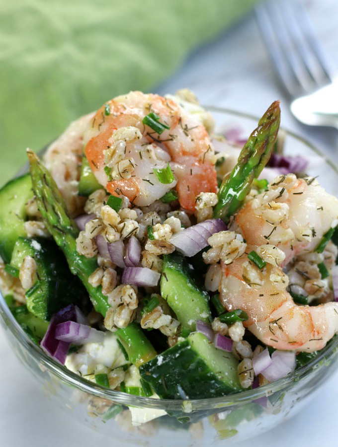 Up close photo of a serving of Shrimp and Farro Salad.