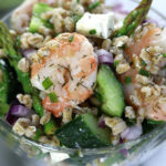 Overhead photo of a bowl of Summer Farro Salad.