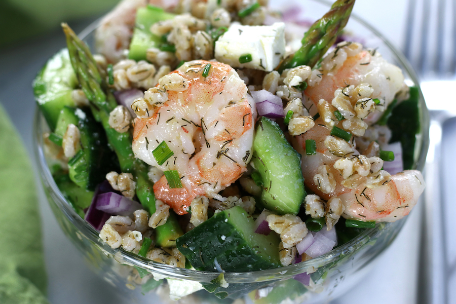 Overhead photo of a bowl of Summer Farro Salad.