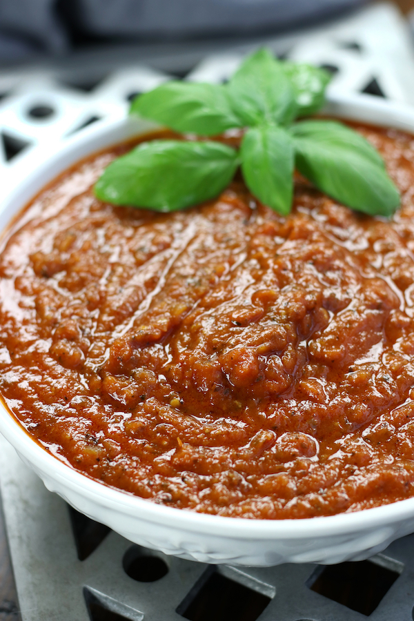 Napolentana Sauce in a white pasta bowl.