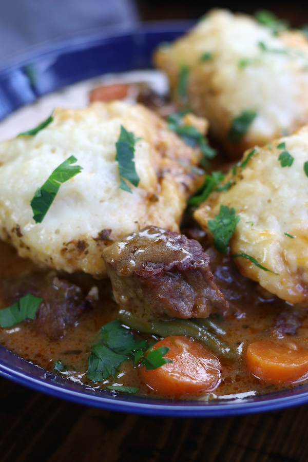 Up close photo of a serving of Beef Stew and Dumplings.