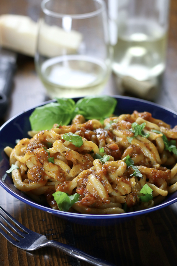 Aglione (means Big Garlic) Sauce on top of Pici Pasta.