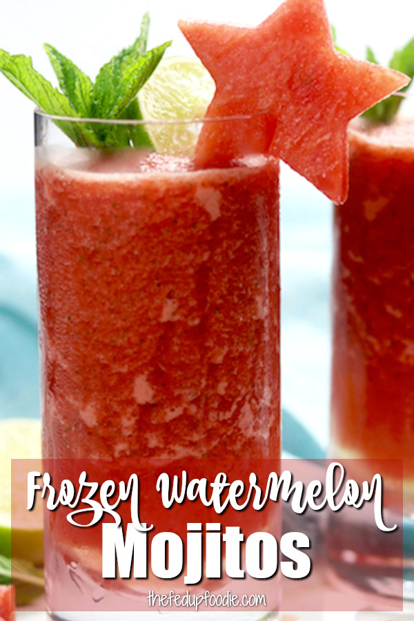 Frozen Watermelon Mojitos is the drink of summer! An adult-beverage speckled with mint, a hint of lime, watermelon simple syrup and incredibly refreshing icy watermelon. It is dangerously delicious!
#WatermelonMojito #WatermelonRecipeAlcohol #WatermelonMojitoSmoothie https://www.thefedupfoodie.com