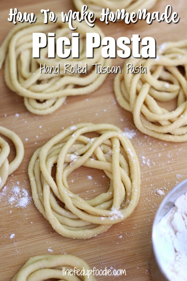 Pici Pasta is a thick and satisfying hand rolled pasta that looks similar to spaghetti. Extremely popular in Tuscany region of Italy, this recipe brings the classic Italian noodle to your American kitchen. 
#PiciPasta #HomemadePiciPasta #HowToMakePiciPasta #PiciPastaTuscany https://www.thefedupfoodie.com