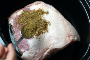 Carnitas Spices Being Applied to Pork Roast