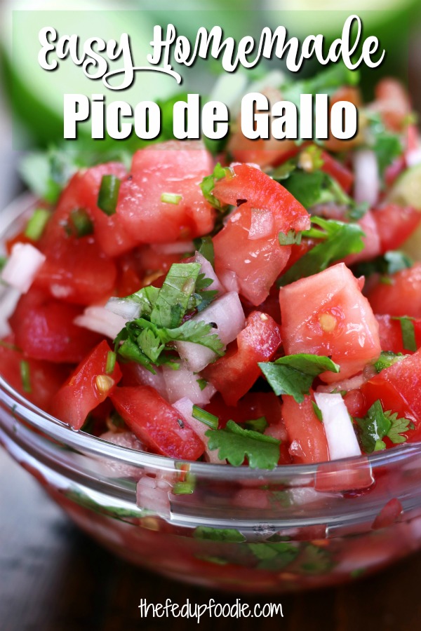This Pico de Gallo recipe is a fast, fresh and absolutely delicious salsa. Works great as a companion to chips or as a condiment with tacos, burritos or any Mexican cuisine.
#PicodeGalo #EasyPicodeGallo #HomemadePicodeGallo
https://www.thefedupfoodie.com