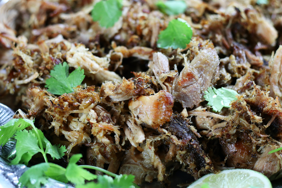 Up close photo of Pork Carnitas meat.