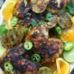 Overhead photo of Baja Chicken on a white platter.