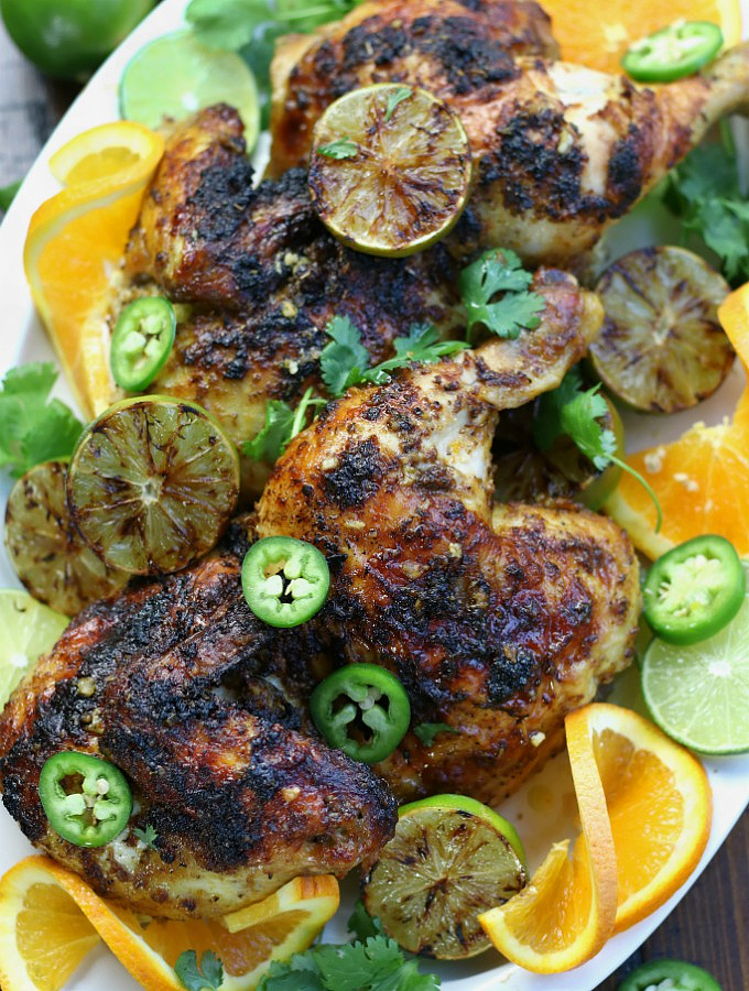 Overhead photo of Baja Chicken on a white platter.