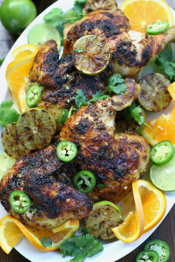 Cooked chicken on a platter from Baja Chicken Marinade recipe.