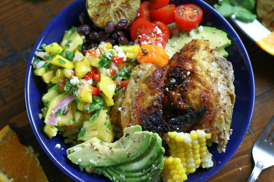 Overhead photo of Baja Bowl Recipe with chicken.