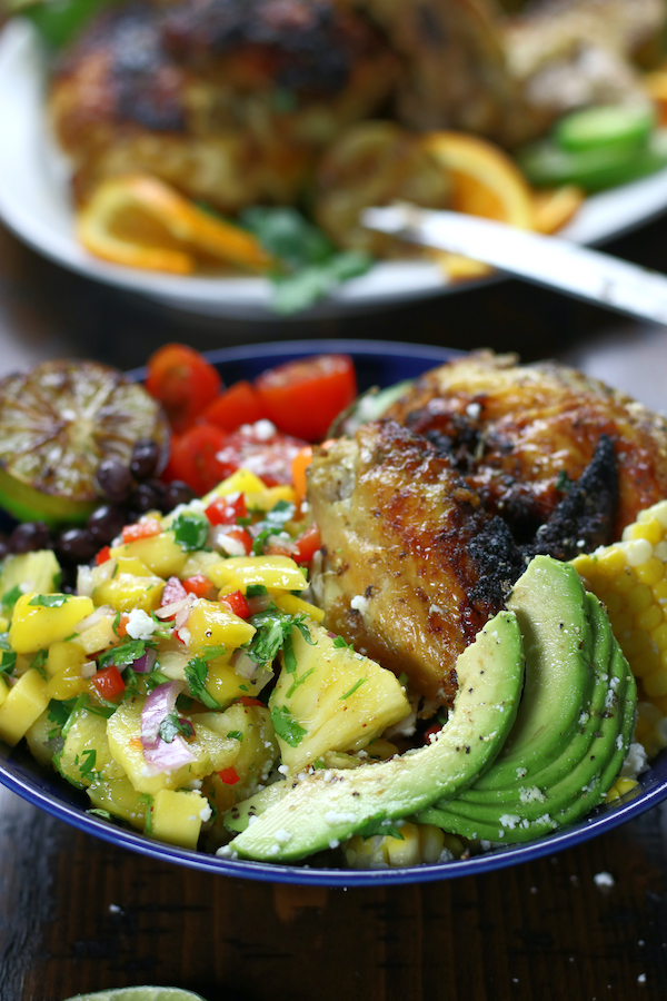 Baja Bowl in a blue bowl with Pineapple Mango Salsa.