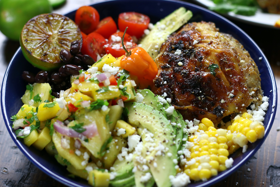 An up close photo of a served portion of Chicken Bowl Recipe.