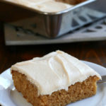 Up close photo of a slice of Apple Sauce Spice Cake.