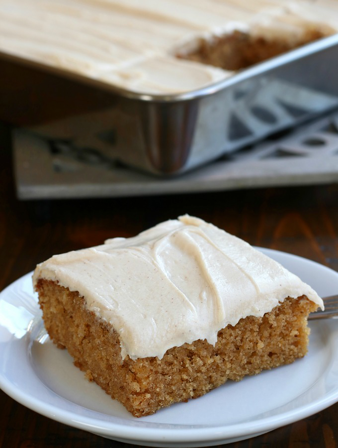 Up close photo of a slice of Apple Sauce Spice Cake.