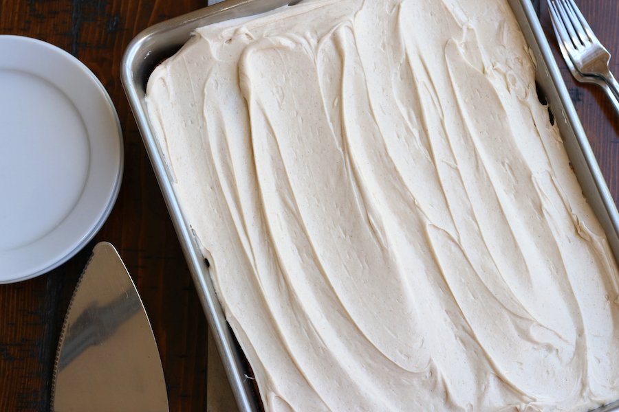 Overhead photo of an iced Apple Spice Sheet Cake.