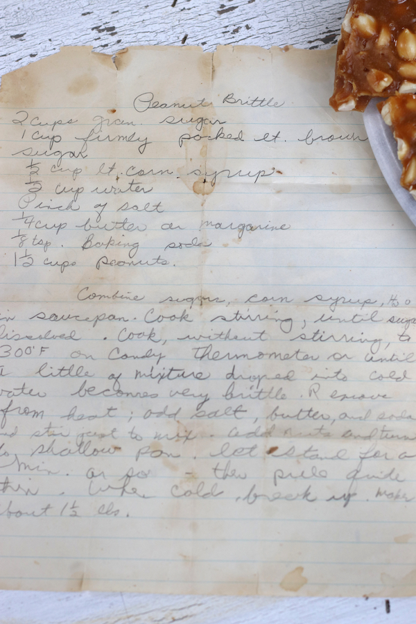 My Mom's handwritten Old Fashioned Peanut Brittle Recipe.