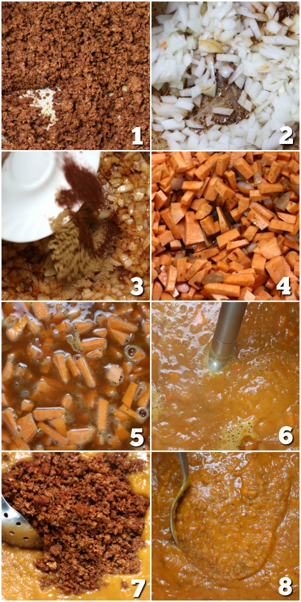 Steps for making Sweet Potato and Chorizo Soup.