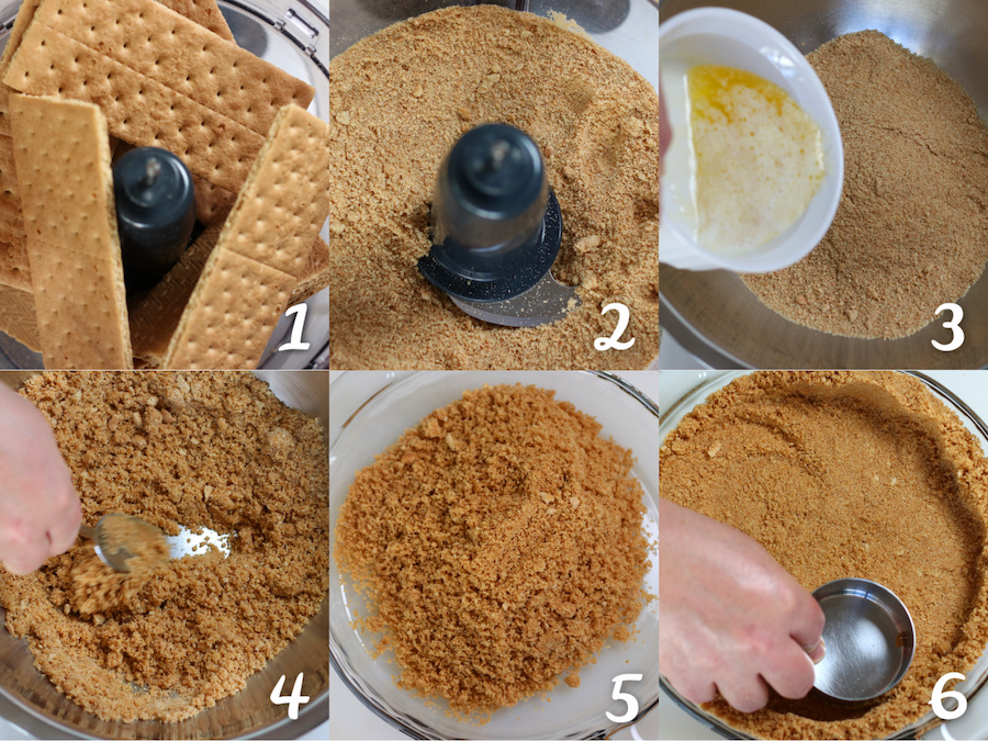 Showing the steps to making a Graham Cracker Crust for Cream Cheese Pie.