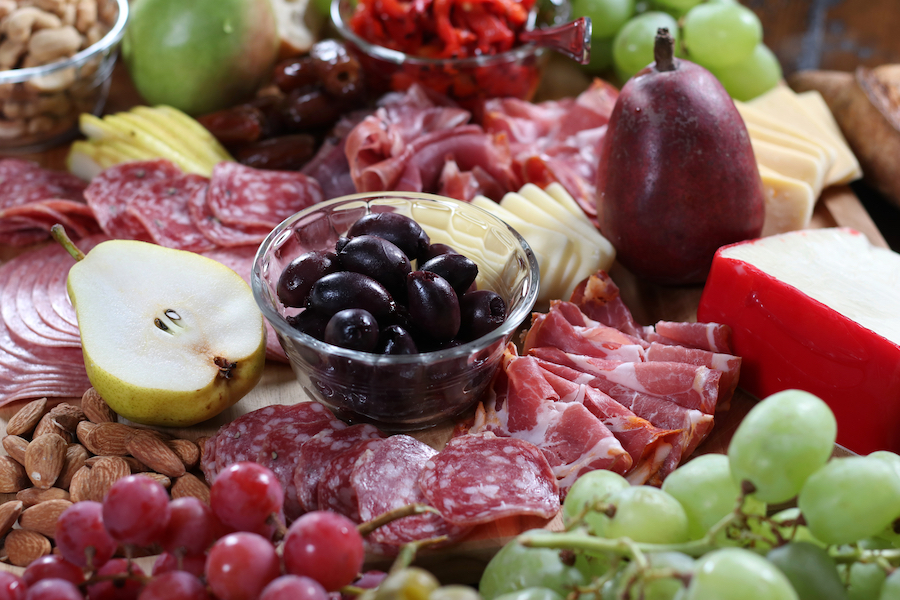 Up close photo of a DIY Meat and Cheese Board.