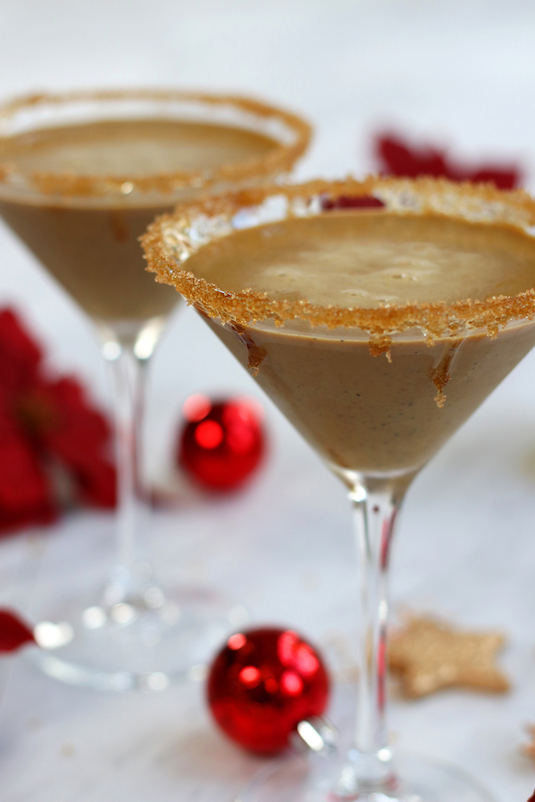 Two servings of Gingerbread Martini Recipe in martini glasses.